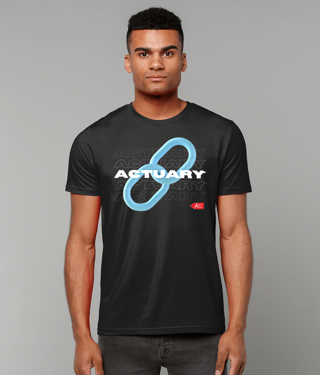 Actuary Link Black Blue & White Minimalist Typography Black T-Shirt