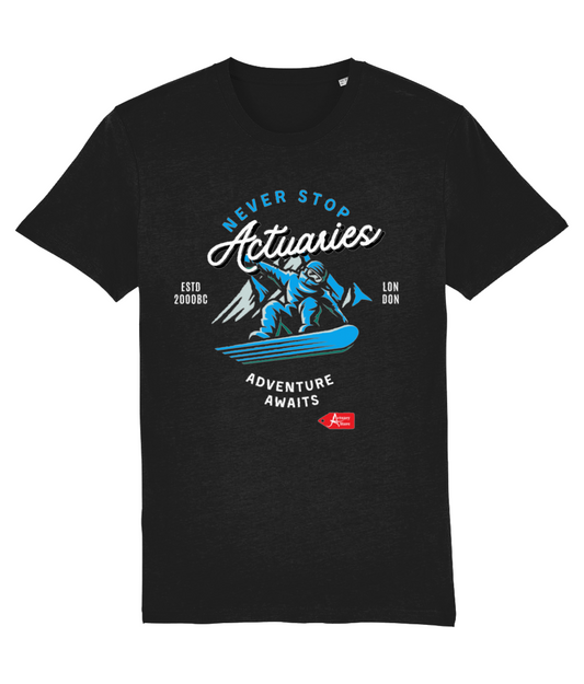 Black Blue Vector Never Stop Actuaries, Adventure Awaits T-Shirt