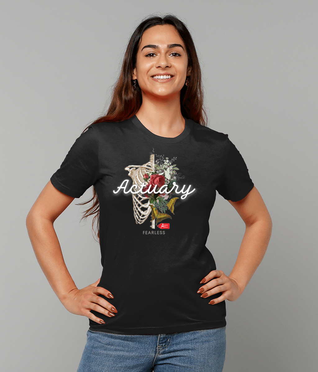 Actuary Fearless Colorful Gothic Skeleton Rib and Flowers Illustration Typographic Black T-Shirt