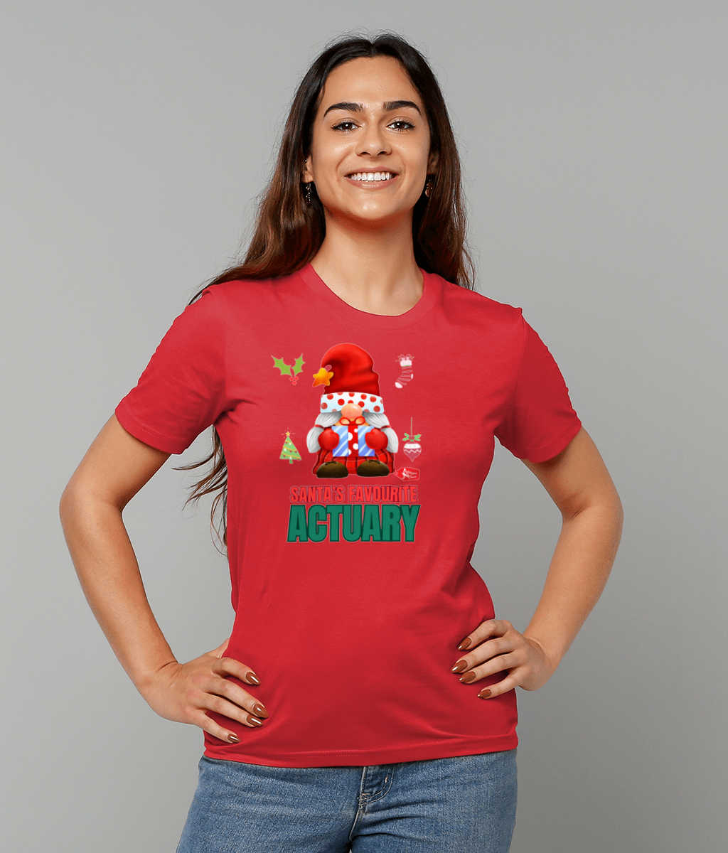 Santa's Favourite Actuary Christmas Santa Gnome T-Shirt (Red, Green, White Variations)