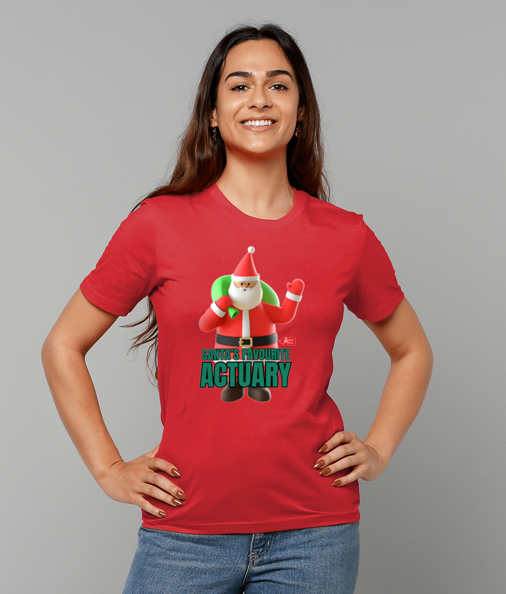 Santa's Favourite Actuary Christmas Santa Waving T-Shirt (Red, Green and White Variations)