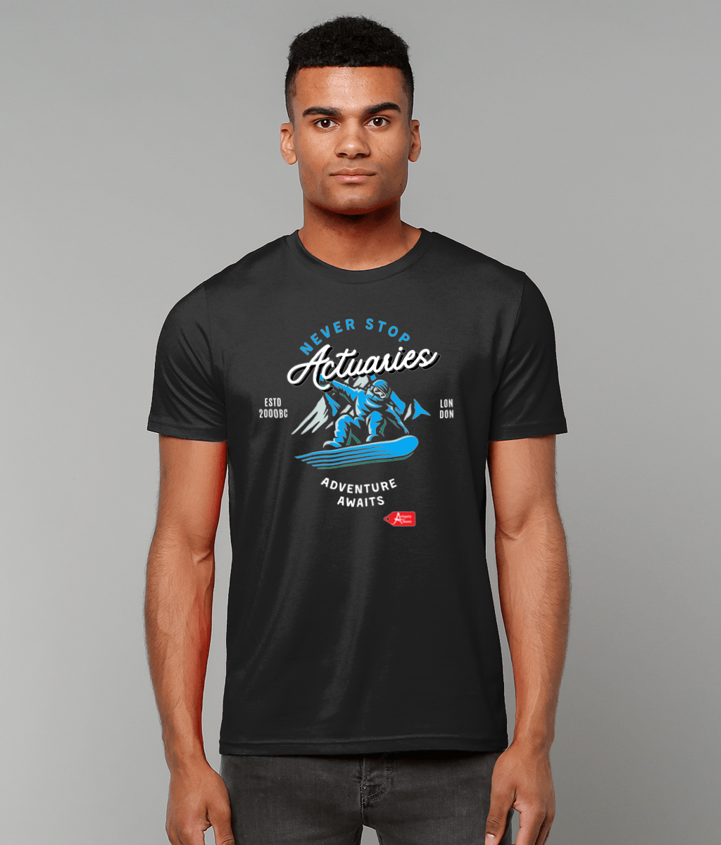 Black Blue Vector Never Stop Actuaries, Adventure Awaits T-Shirt