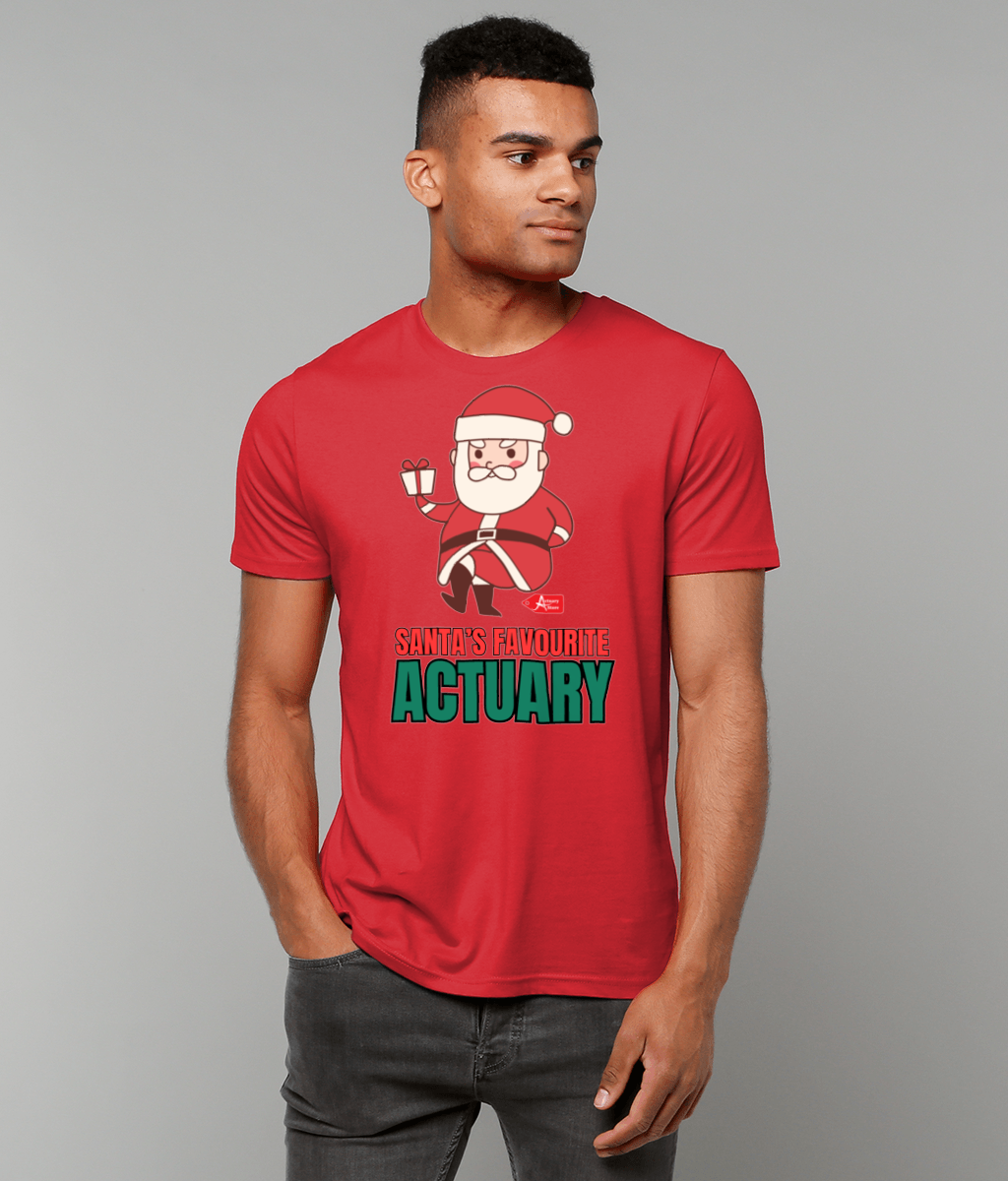 Santa's Favourite Actuary Christmas Santa With Present Any Colour T-Shirt (Red, Green, White Variations)