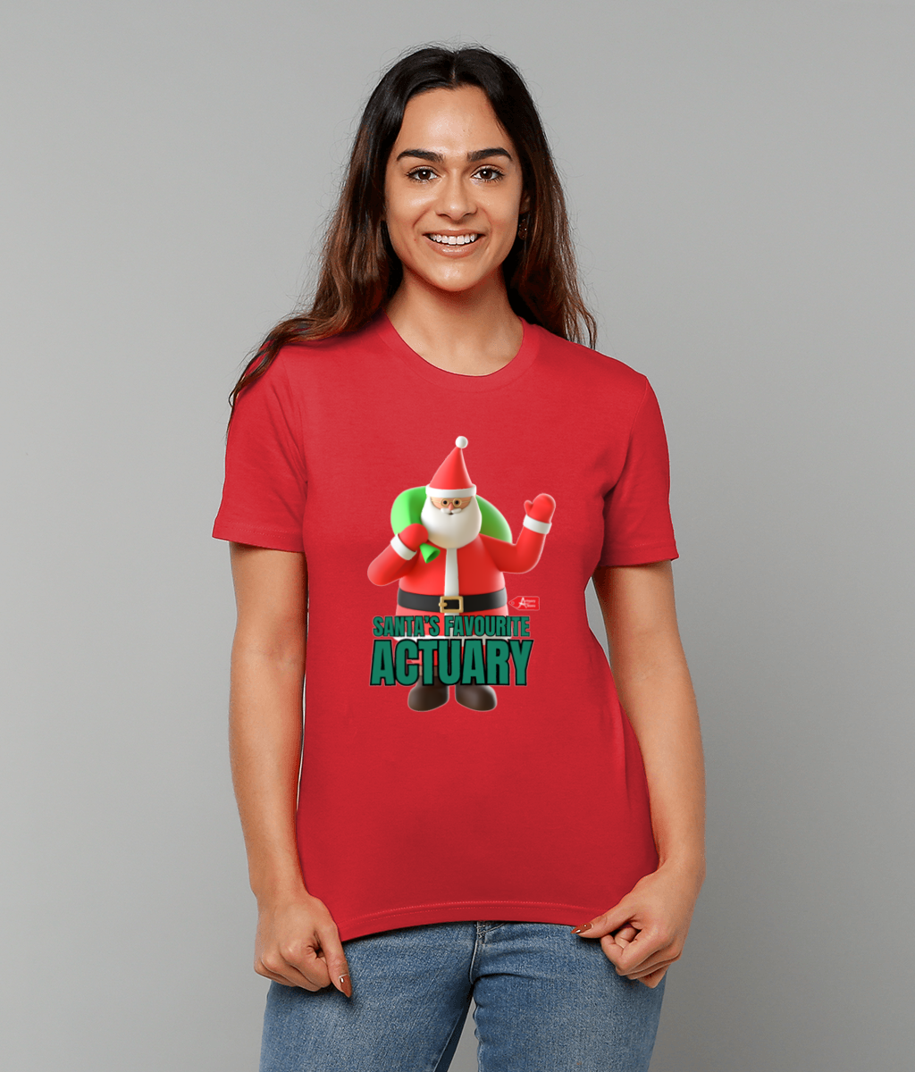 Santa's Favourite Actuary Christmas Santa Waving T-Shirt (Red, Green and White Variations)