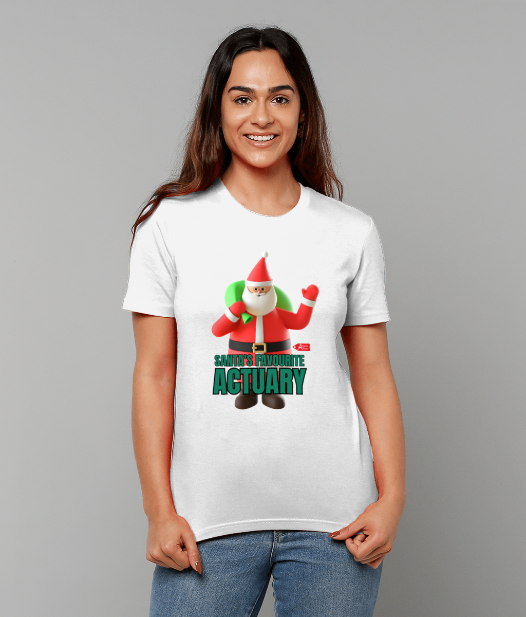 Santa's Favourite Actuary Christmas Santa Waving T-Shirt (Red, Green and White Variations)