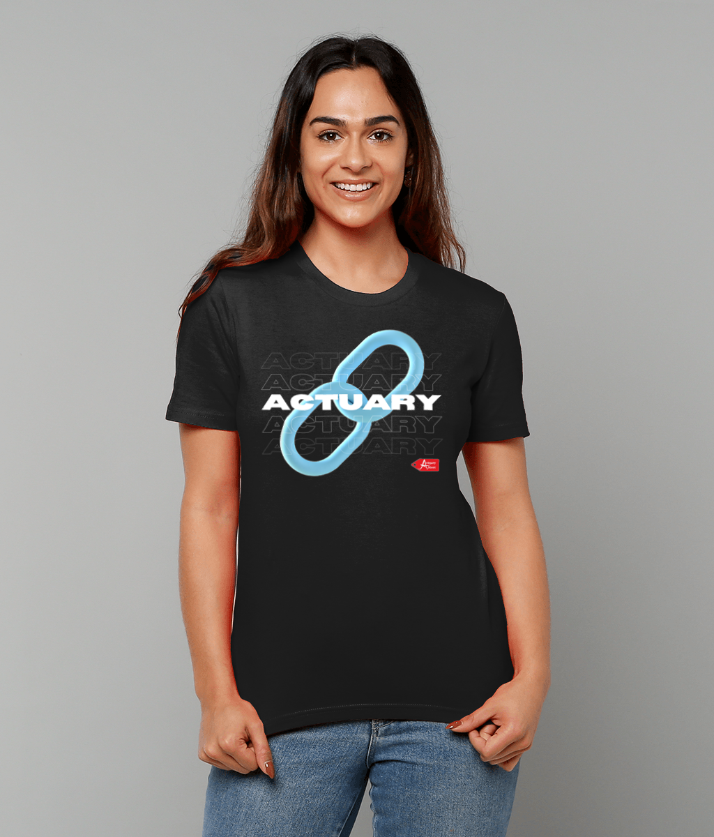 Actuary Link Black Blue & White Minimalist Typography Black T-Shirt